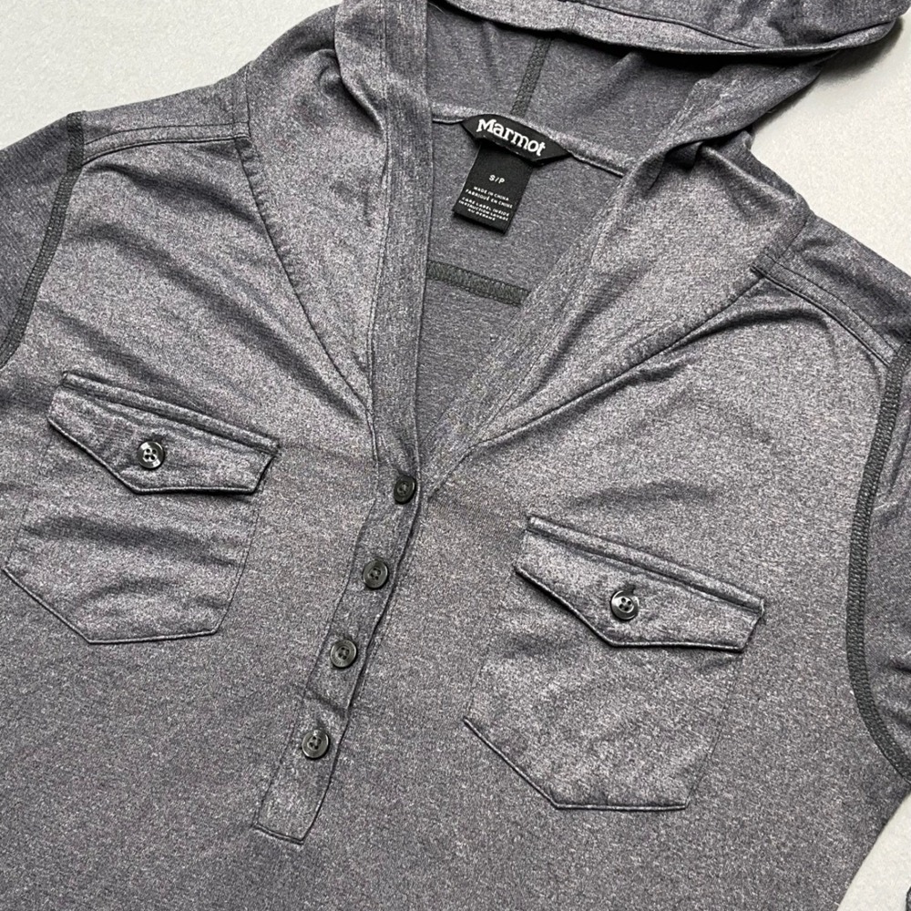 Marmot Women Gray Heather Hooded Henley Long Sleeve Roll Tab Shirt Small SCC-214